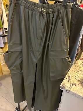 like an angel Olive Green Faux Leather Maxi Skirt with Cargo Pockets